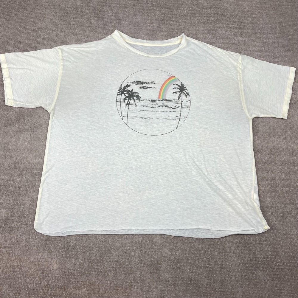 American Eagle Outfitters T Shirt Womens XL Beige Sheer Tropical Beach Rainbow
